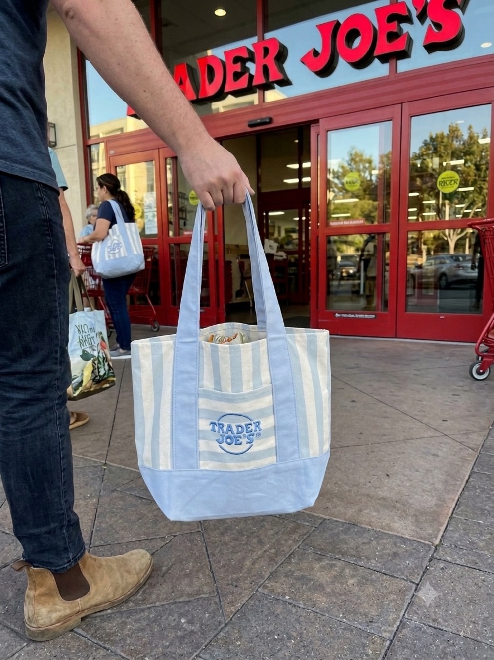 Trader Joe’s Blue & Cream Striped Canvas Tote Bag NWT